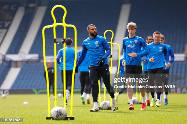 Matt Phillips of West Bromwich Albion during an open training session at The Hawthorns on March 26, 2024 in West Bromwich, England.