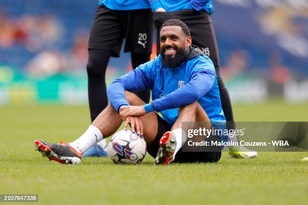 Yann M'Vila of West Bromwich Albion looks on during an open training session at The Hawthorns on March 26, 2024 in West Bromwich, England.