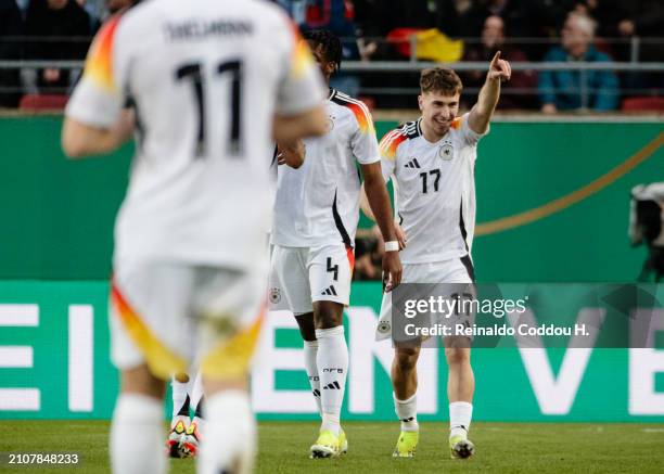 Brajan Gruda of Germany celebrates after scoring his sides first goal during the UEFA Under21 EURO Qualifier Germany U21 v Israel U21 at...