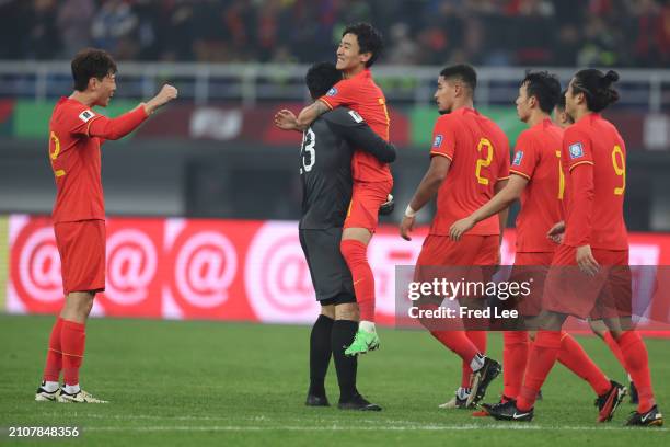 Wei Shihao of China celebrates his first goal during the 2026 FIFA World Cup Qualifier between China and Singapore at Tianjin Olympic Centre Stadium...