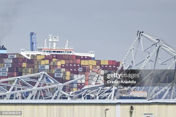 View of the collapsed Francis Scott Key Bridge after a collision with a cargo ship in Baltimore, Maryland, United States on March 26, 2024. According...