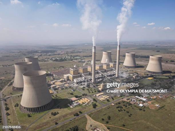 This aerial view shows Eskom Kendal power station in Kendal, near Emalahleni, on March 26, 2024.