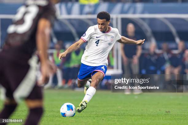 United States midfielder Tyler Adams winds up to take a shot during the Concacaf Nations League Final match between Mexico and the United States on...