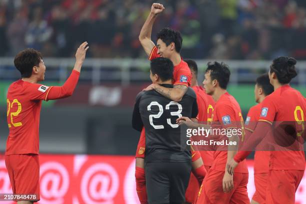 Wei Shihao of China celebrates his first goal during the 2026 FIFA World Cup Qualifier between China and Singapore at Tianjin Olympic Centre Stadium...
