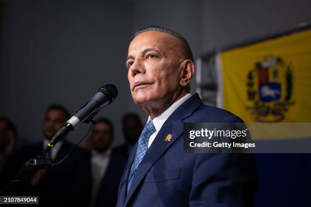 Presidential Candidate of Un Nuevo Tiempo party Manuel Rosales speaks during a press conference after registering as a candidate for the next...