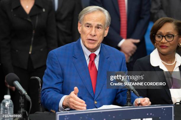 Texas Governor Greg Abbott makes an announcement on the future of the space industry in Texas, at NASA's Johnson Space Center in Houston, Texas, on...