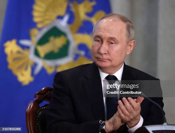 Russian President Vladimir Putin talks during an annual expanded Prosecutor General's Office meeting, on March 26, 2024 in Moscow, Russia. Over 100...