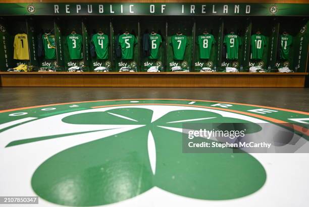 Dublin , Ireland - 26 March 2024; Jerseys hang in the Republic of Ireland dressing room before the international friendly match between Republic of...