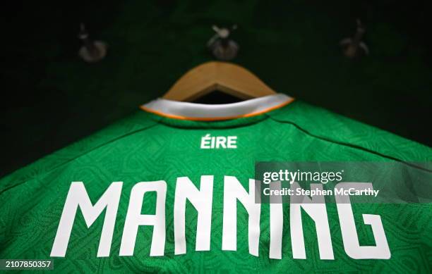 Dublin , Ireland - 26 March 2024; The jersey of Ryan Manning of Republic of Ireland hangs in the dressing room before the international friendly...