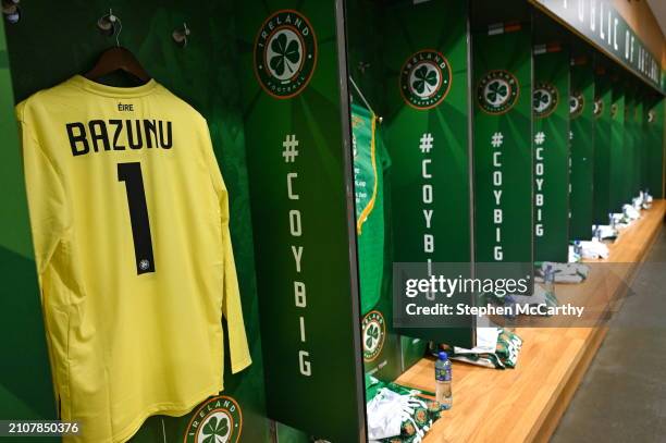 Dublin , Ireland - 26 March 2024; The jersey of Republic of Ireland goalkeeper Gavin Bazunu hangs in the dressing room before the international...