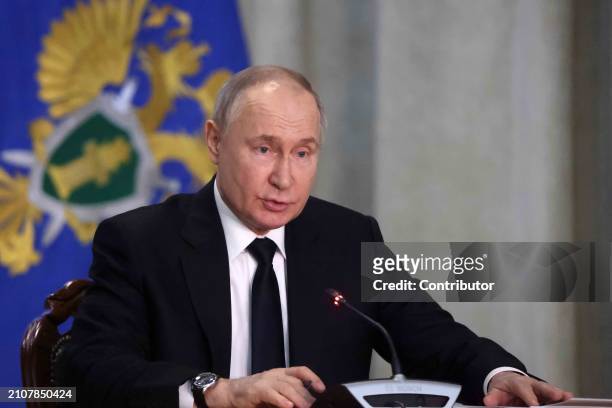 Russian President Vladimir Putin talks during an annual expanded Prosecutor General's Office meeting, on March 26, 2024 in Moscow, Russia. Over 100...