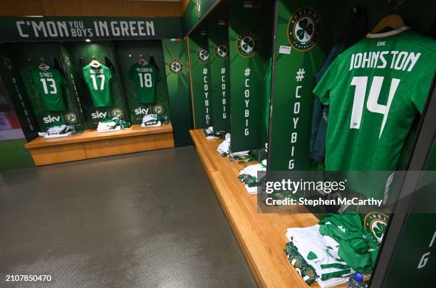 Dublin , Ireland - 26 March 2024; The jerseys of Mikey Johnston of Republic of Ireland and teammates hang in the dressing room before the...