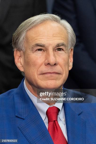 Texas Governor Greg Abbott attends a press conference at NASA's Johnson Space Center on March 26, 2024 in Houston, Texas.