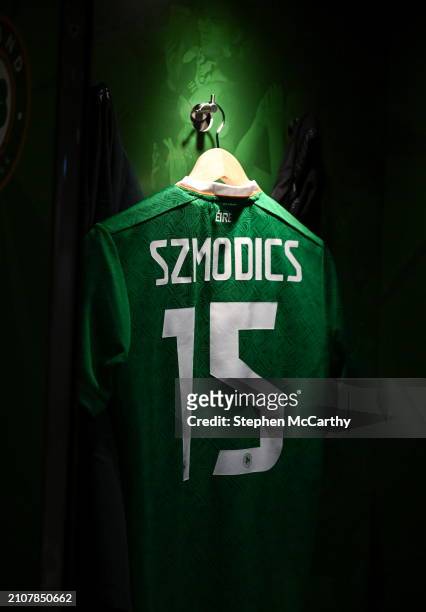 Dublin , Ireland - 26 March 2024; The jersey of Sammie Szmodics of Republic of Ireland hangs in the dressing room before the international friendly...