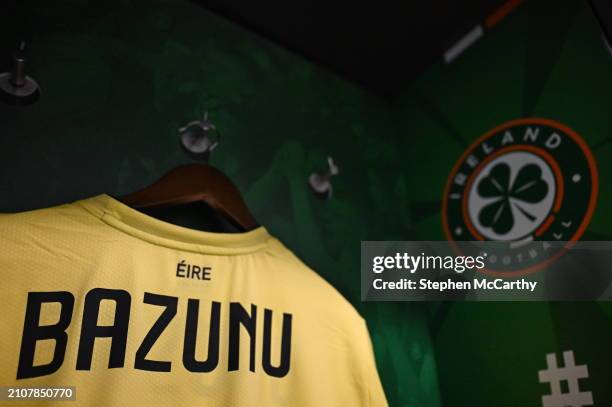 Dublin , Ireland - 26 March 2024; The jersey of Republic of Ireland goalkeeper Gavin Bazunu hangs in the dressing room before the international...