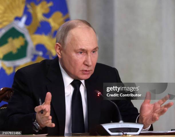 Russian President Vladimir Putin talks during an annual expanded Prosecutor General's Office meeting, on March 26, 2024 in Moscow, Russia. Over 100...