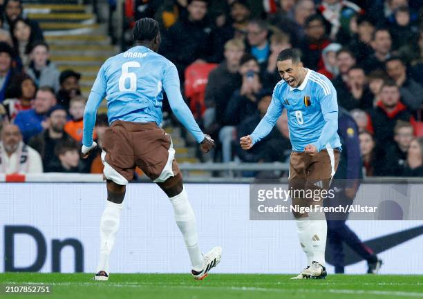 Youri Tielemans of Belgium and Amadou Onana of Belgium celebrates 1st goal during the international friendly match between England and Belgium at...