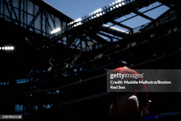 Trevor Story of the Boston Red Sox walks up to bat during an exhibition game against the Texas Rangers at Globe Life Field on March 26, 2024 in...