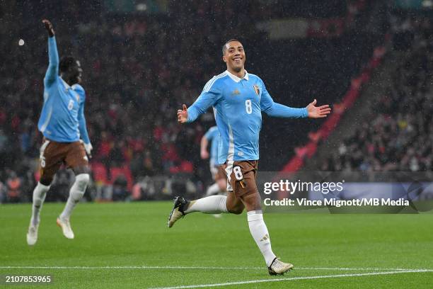 Youri Tielemans of Belgium celebrates after scoring his first goal during the international friendly match between England and Belgium at Wembley...