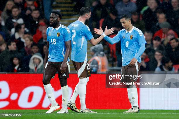 Youri Tielemans and Zeno Debast of Belgium celebrate 2nd goal during the international friendly match between England and Belgium at Wembley Stadium...