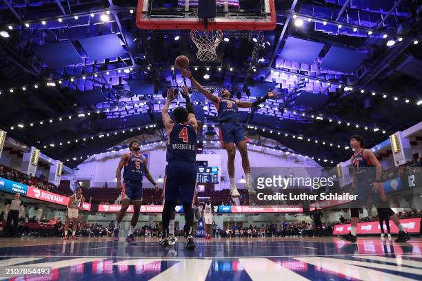 Jacob Toppin of the Westchester knicks blocks shot during the game against the Greensboro Swarm on March 25, 2024 in White Plains,NY. NOTE TO USER:...