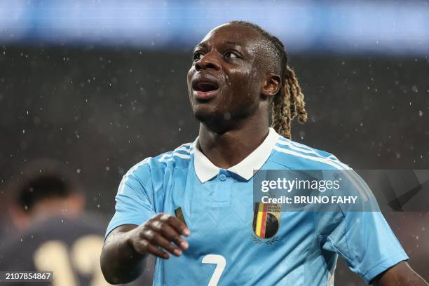 Belgium's Jeremy Doku reacts during a friendly soccer game between England and Belgian national team Red Devils, on Tuesday 26 March 2024 in London,...