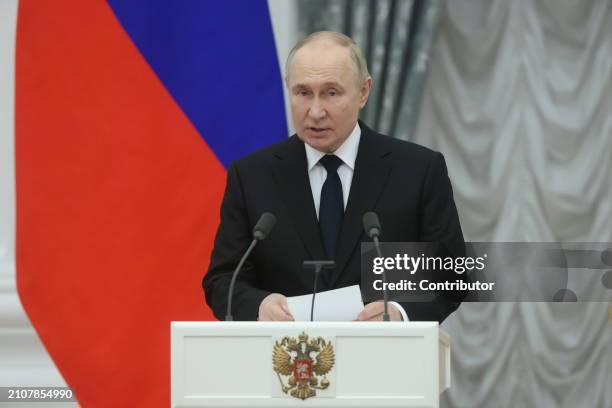 Russian President Vladimir Putin speeches during the ceremony of State Awards for Youth Culture Professionals, on March 26, 2024 in Moscow, Russia....