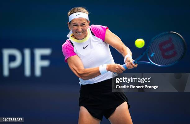 Victoria Azarenka in action against Yulia Putintseva of Kazakhstan in the quarter-final on Day 11 of the Miami Open Presented by Itau at Hard Rock...