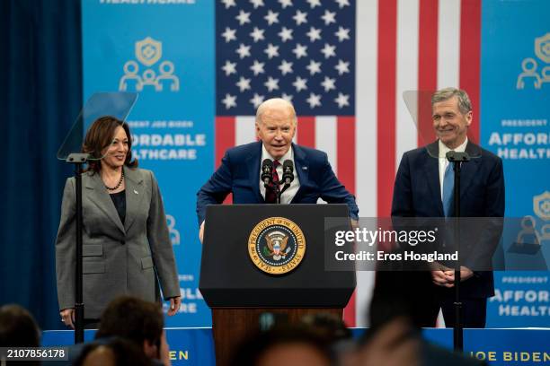 President Joe Biden speaks at the Chavis community center with U.S. Vice President Kamala Harris and North Carolina Governor Roy Cooper on March 26,...