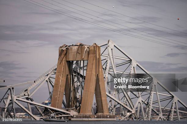 The Francis Scott Key Bridge following a collapse into the Patapsco River in Baltimore, Maryland, US, on Tuesday, March 26, 2024. The commuter bridge...