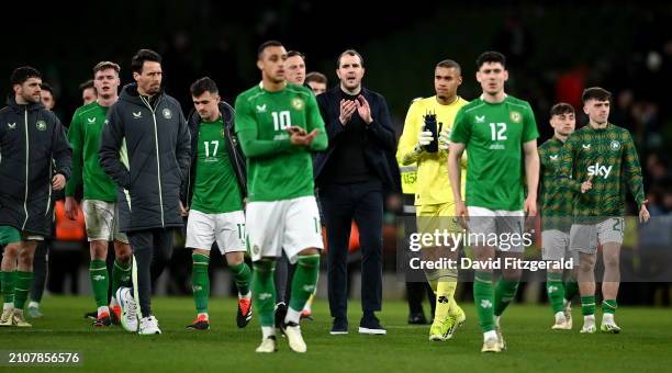 Dublin , Ireland - 26 March 2024; Republic of Ireland interim head coach John O'Shea and his players applaud supporters after the international...