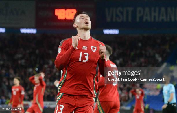 Wales' Kieffer Moore looks the sky after seeing his header saved during the UEFA EURO 2024 Play-Offs Final match between Wales and Poland at Cardiff...
