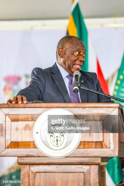 President Cyril Ramaphosa at the National Human Rights Day Commemoration at George Thabe Cricket Grounds in Sharpeville on March 21, 2024 in...