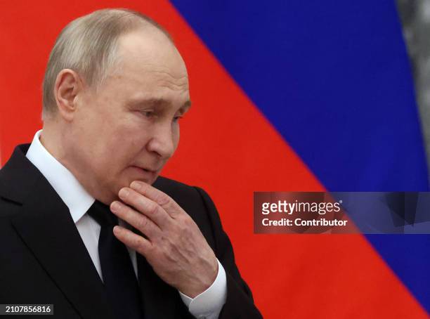 Russian President Vladimir Putin attends the ceremony of State Awards for Youth Culture Professionals, on March 26, 2024 in Moscow, Russia. Putin...