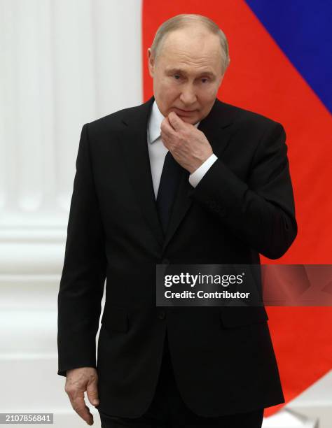 Russian President Vladimir Putin attends the ceremony of State Awards for Youth Culture Professionals, on March 26, 2024 in Moscow, Russia. Putin...