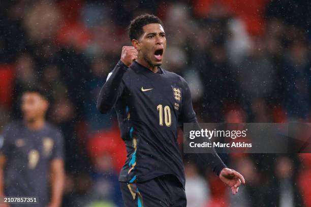 Jude Bellingham of England celebrates scoring the second goal during the international friendly match between England and Belgium at Wembley Stadium...