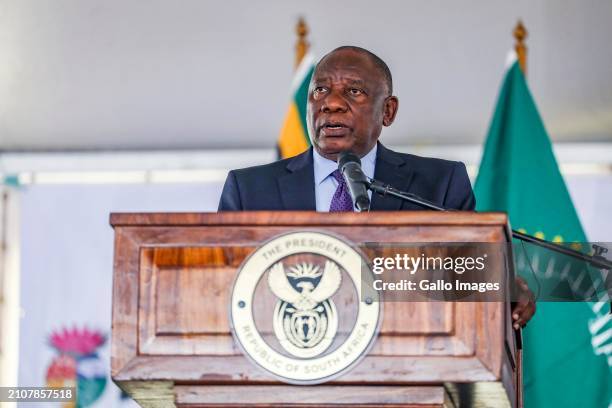 President Cyril Ramaphosa at the National Human Rights Day Commemoration at George Thabe Cricket Grounds in Sharpeville on March 21, 2024 in...