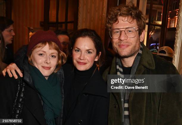 Emily Beecham, Ruth Wilson and James Norton pose in the foyer following the press night performance of "Opening Night" at The Gielgud Theatre on...