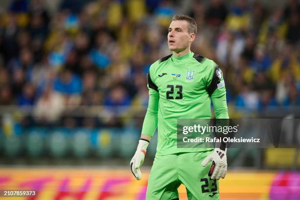 Andriy Lunin of Ukraine looks on during the UEFA EURO 2024 Play-Offs final match between Ukraine and Iceland at Tarczynski Arena on March 26, 2024 in...