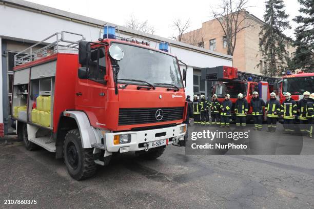 Fire engine, donated by German firefighter Nils Thal to his colleagues, is being pictured in Kharkiv, northeastern Ukraine, on March 26, 2024. NO USE...