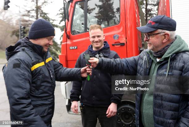 German firefighter Nils Thal is conveying a fire engine to his colleagues in Kharkiv, northeastern Ukraine, on March 26, 2024.