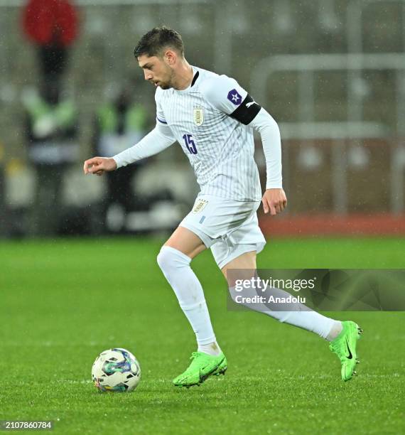 Valverde Dipetta of Uruguay in action during the international friendly football match between Ivory Coast and Uruguay at Stade Bollaert-Delelis in...