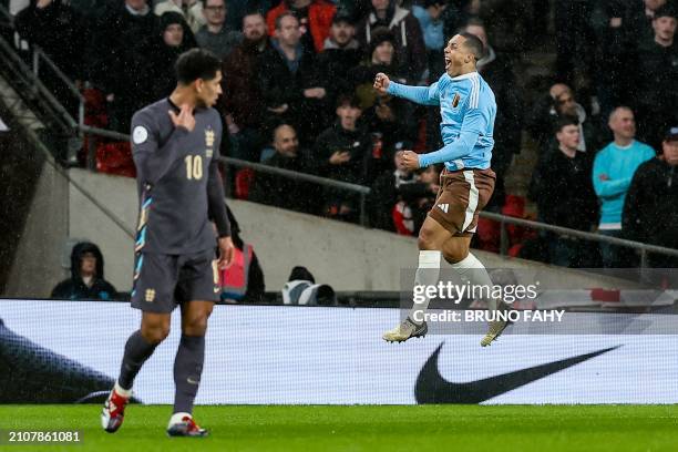 Belgium's Youri Tielemans celebrates after scoring during a friendly soccer game between England and Belgian national team Red Devils, on Tuesday 26...