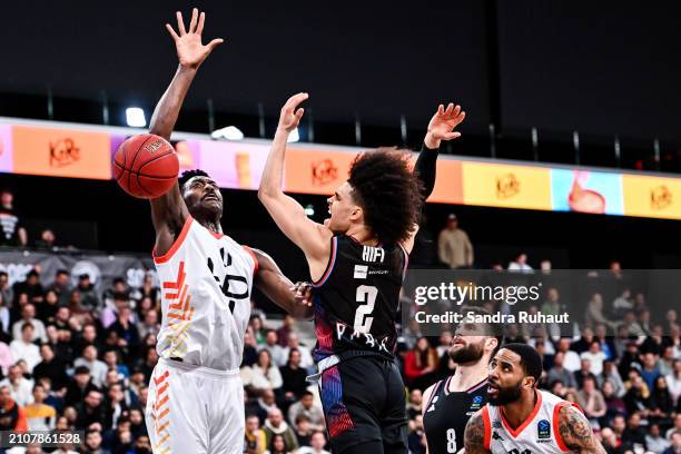 Gabe OLASENI of London Lions and Nadir HIFI of Paris Basketball during the BKT EuroCoupe match between Paris Basketball and London Lions at Adidas...