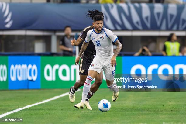 Panama midfielder Andres Andrade dribbles up fhe sideline during the Concacaf Nations League third place match between Panama and Jamaica on March...