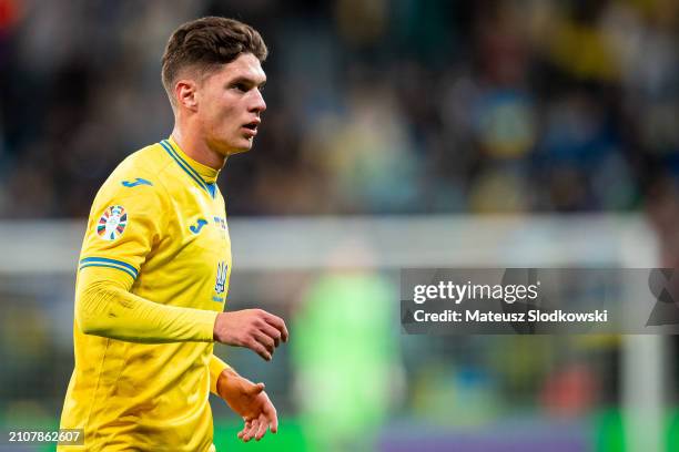 Georgiy Sudakov of Ukraine looks on during the UEFA EURO 2024 Play-Offs final match between Ukraine and Iceland at Tarczynski Arena on March 26, 2024...