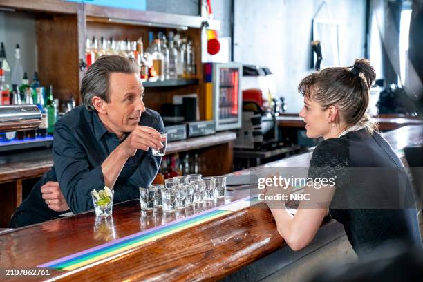 Episode 1501 -- Pictured: Host Seth Meyers and actress Kristen Stewart during "Day Drinking" on March 26, 2024 --