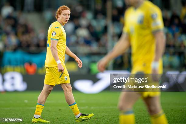 Yukhym Konoplia of Ukraine looks on during the UEFA EURO 2024 Play-Offs final match between Ukraine and Iceland at Tarczynski Arena on March 26, 2024...