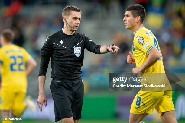 Referee Clement Turpin of France gestures during the UEFA EURO 2024 Play-Offs final match between Ukraine and Iceland at Tarczynski Arena on March...