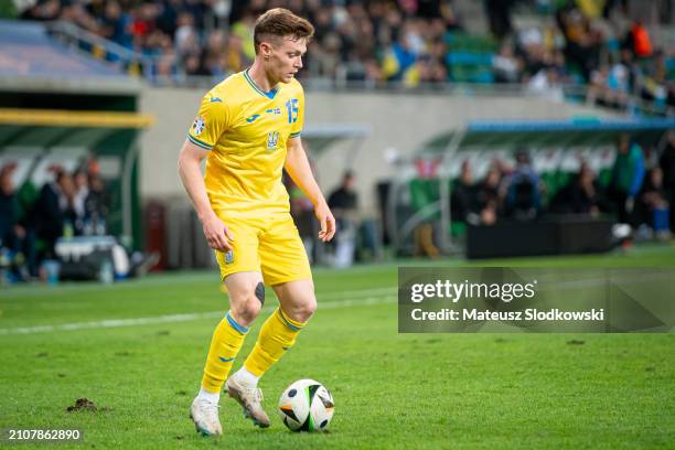 Viktor Tsygankov of Ukraine controls the ball during the UEFA EURO 2024 Play-Offs final match between Ukraine and Iceland at Tarczynski Arena on...
